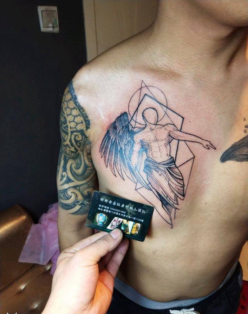 天使草稿风格纹身图片_胸部欧美写实几何纹身图案