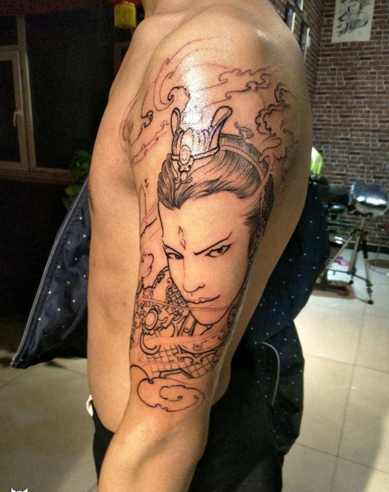 二郎神纹身图片_肩部传统人物鬼神成品纹身图案