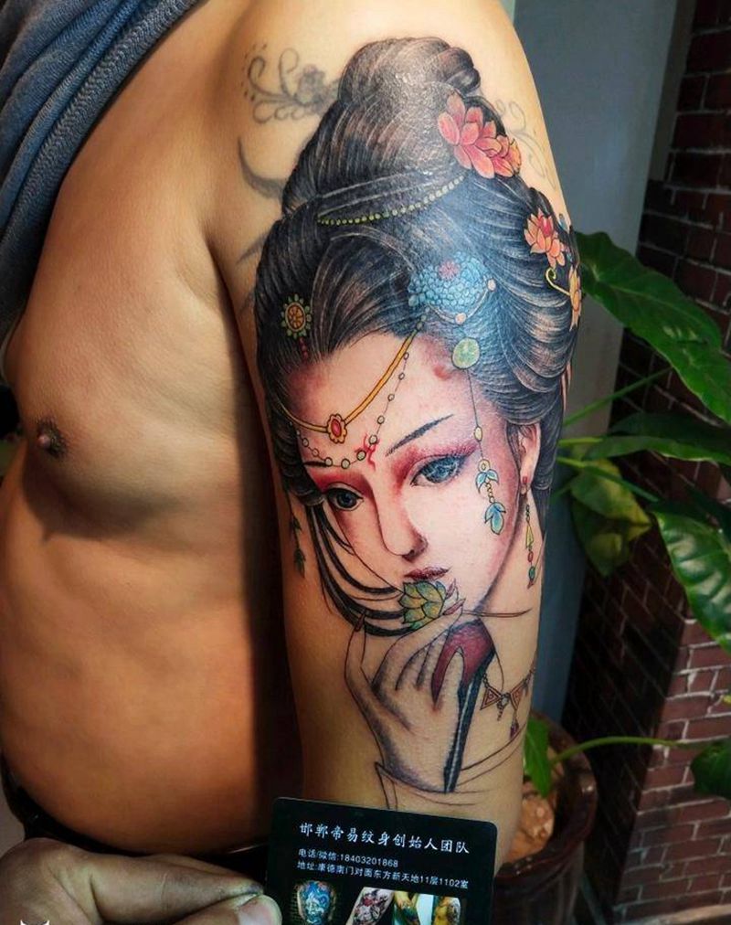 艺妓纹身图片_肩部新传统艺妓纹身图案