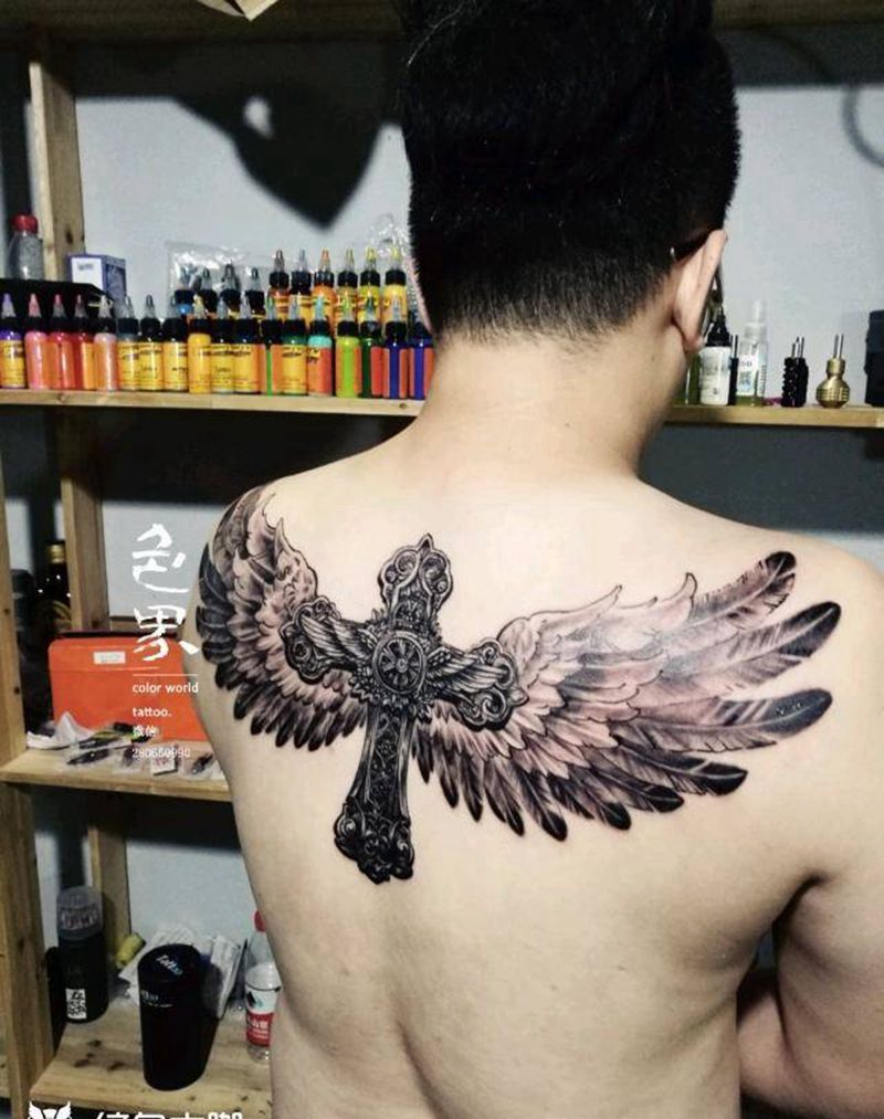 基督十字架天使翅膀纹身图片