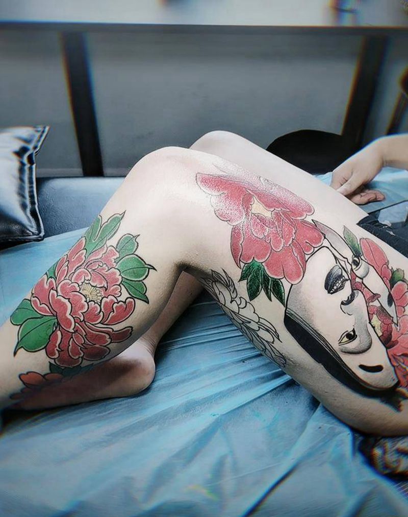 花腿纹身图片_腿部新传统纹身图案