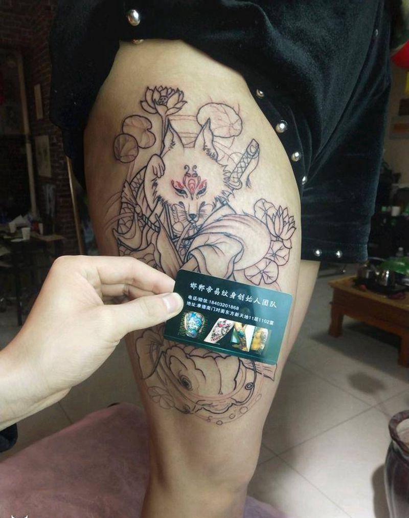 给美女设计的狐狸骑鱼纹身图片_腿部新传统鱼纹身图案