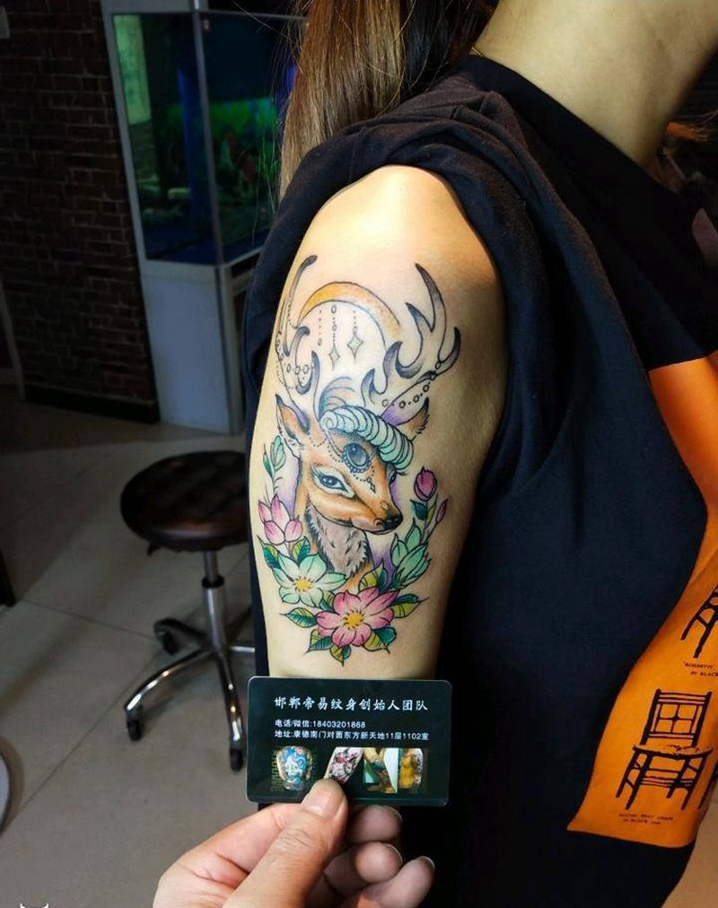 生财有鹿纹身图片_新传统New School生财有鹿纹身图案