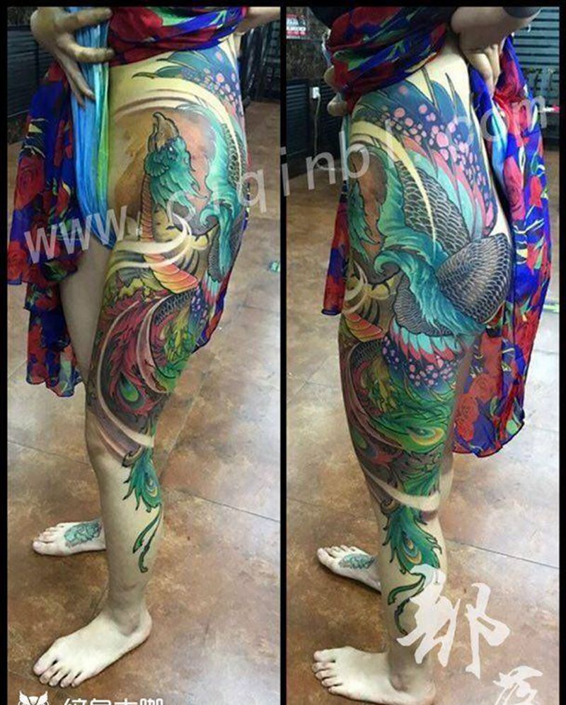 大腿外侧凤凰纹身图片