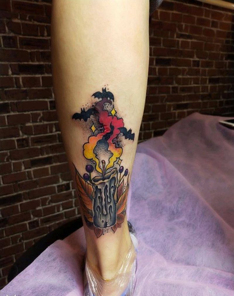 疤痕遮盖纹身图片_腿部New School蜡烛纹身图案