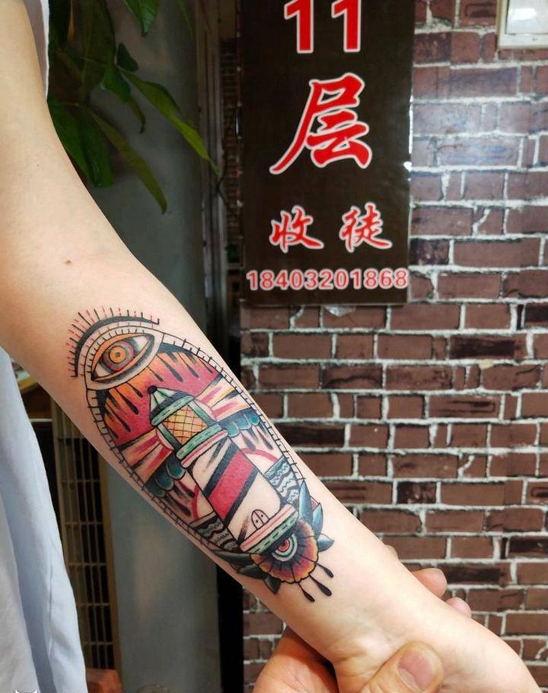 灯塔纹身图片_手臂New School彩色纹身图案
