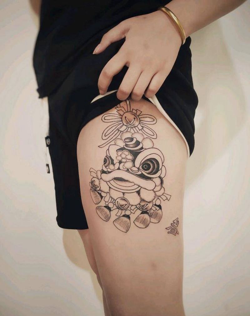 福狮纹身图片_腿部新传统纹身图案