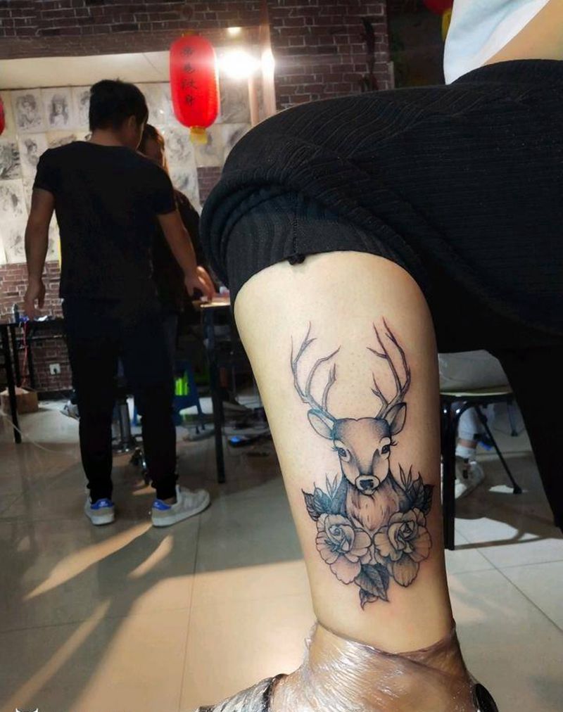 生财有鹿纹身图片_腿部New School纹身图案