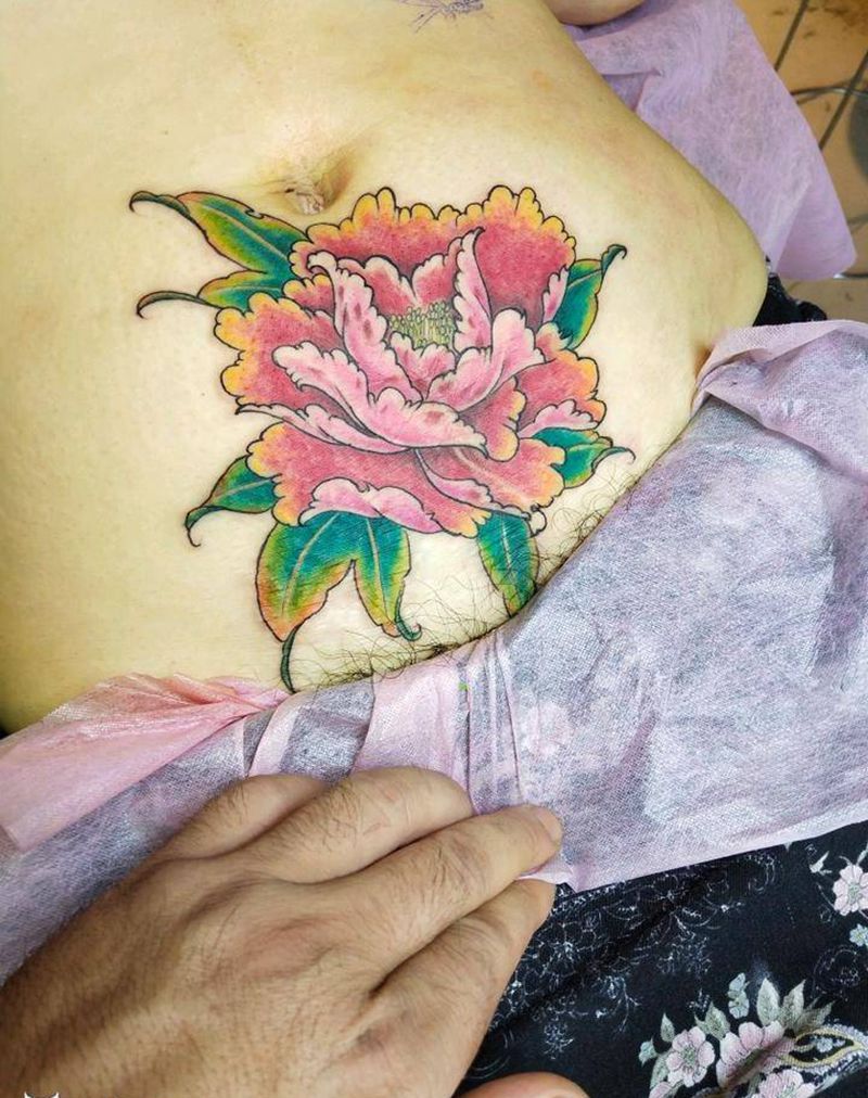 遮盖疤痕纹身图片_腹部传统植物成品纹身图案