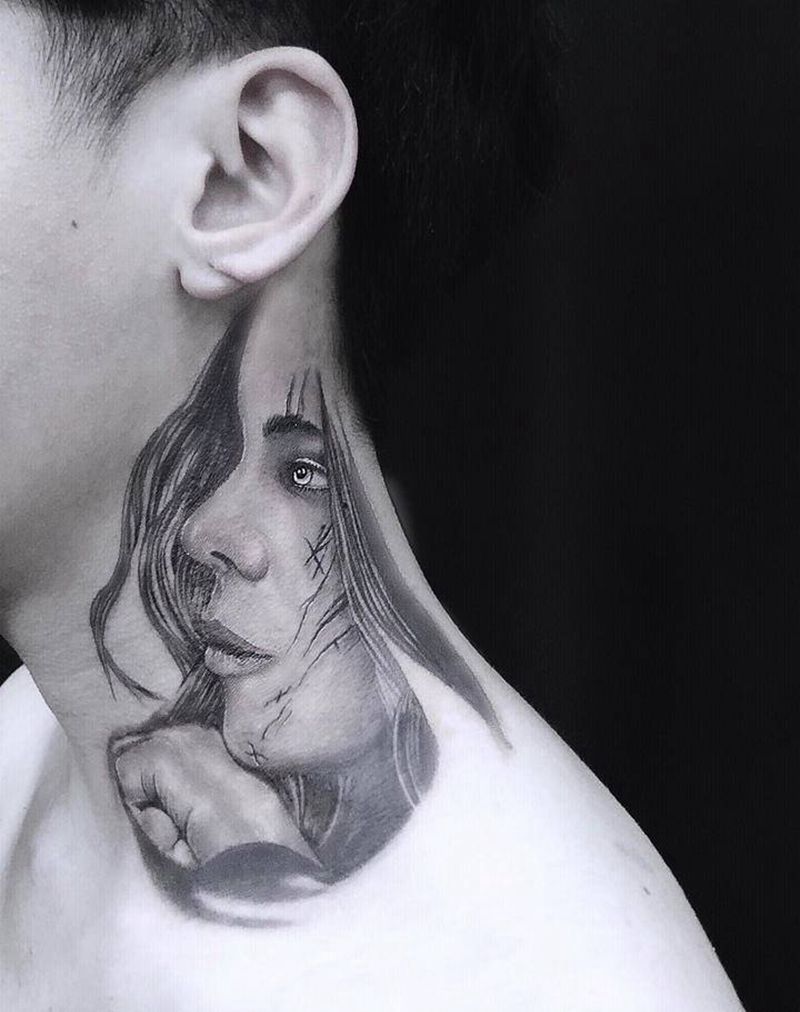 黑灰纹身图片_颈部纹身图案