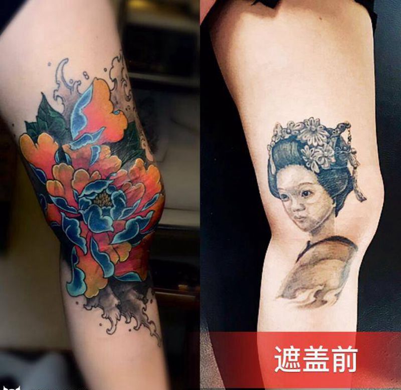 牡丹花（遮盖旧图）纹身图片_腿部新传统老传统纹身图案