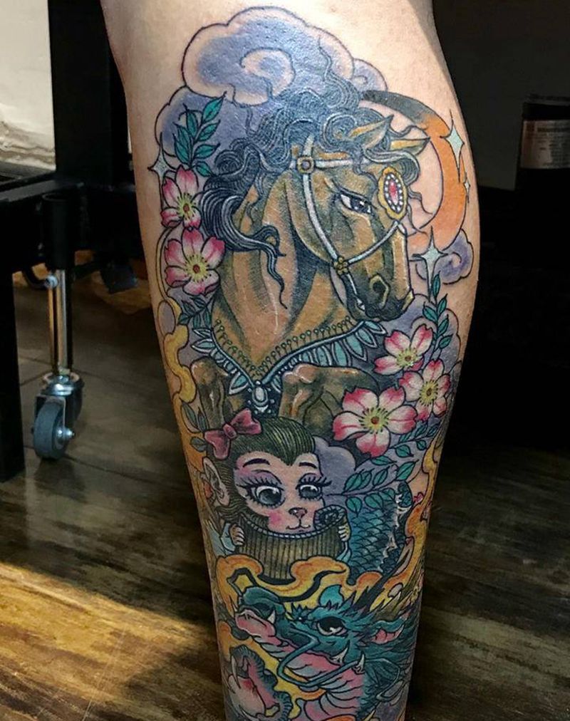 属相集合纹身图片_腿部New School纹身图案