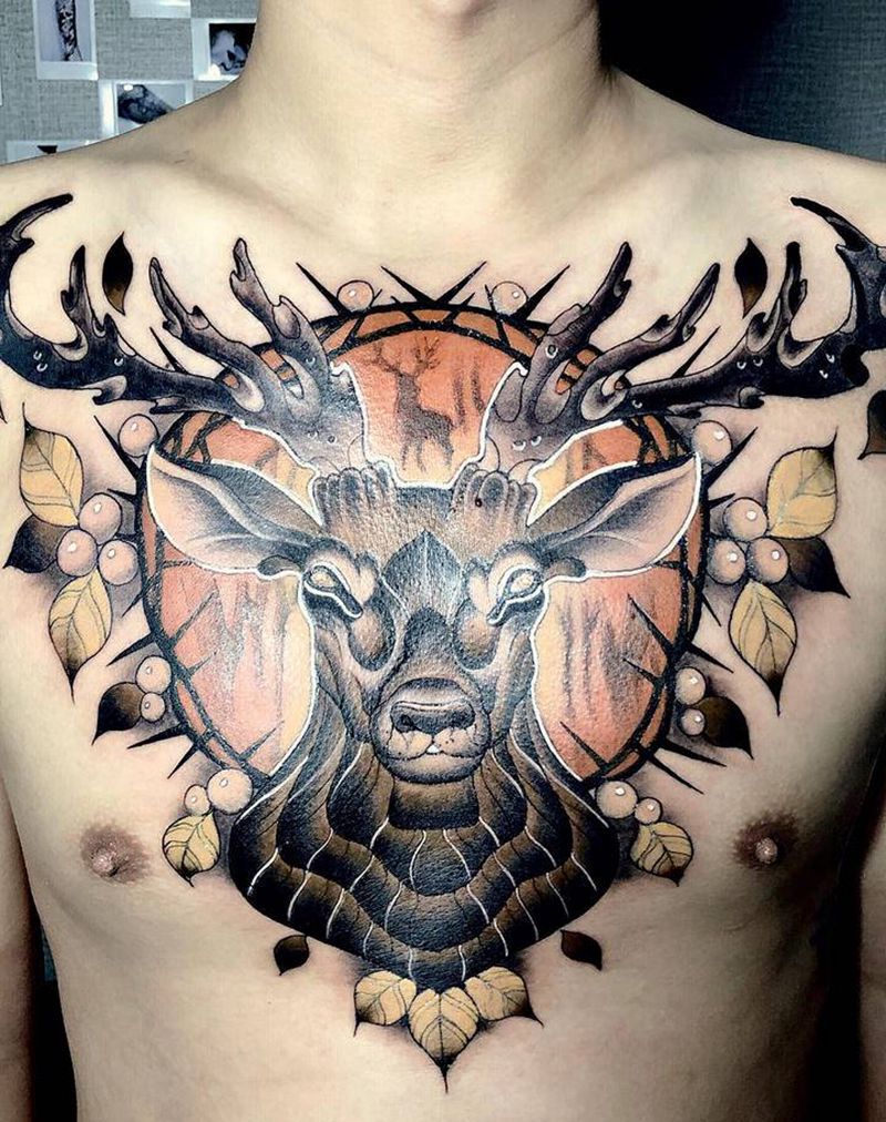 鹿纹身图片_胸部纹身图案