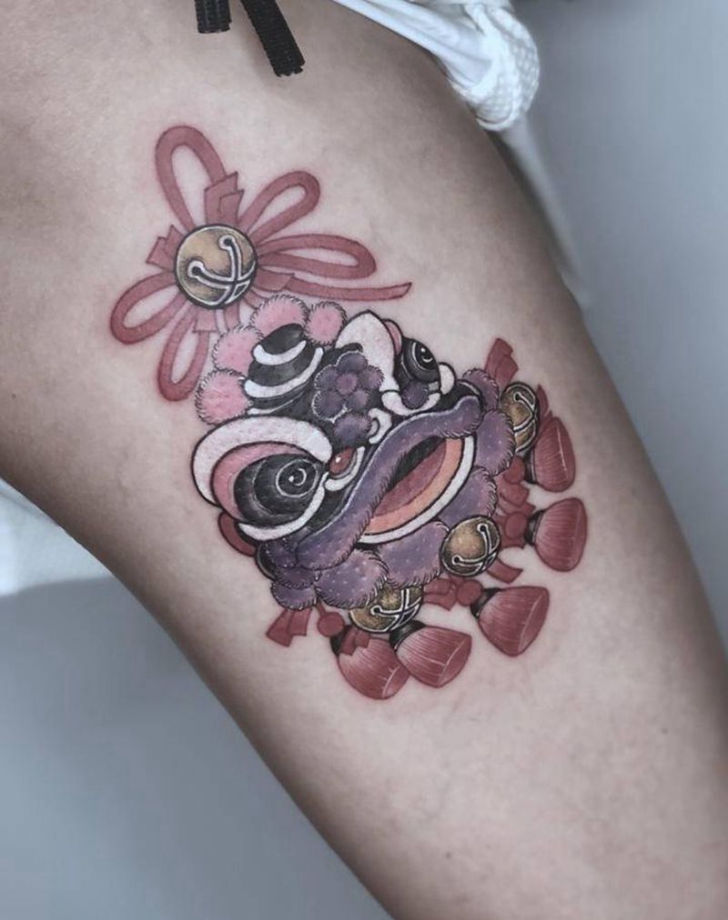 唐狮纹身图片_腿部纹身图案