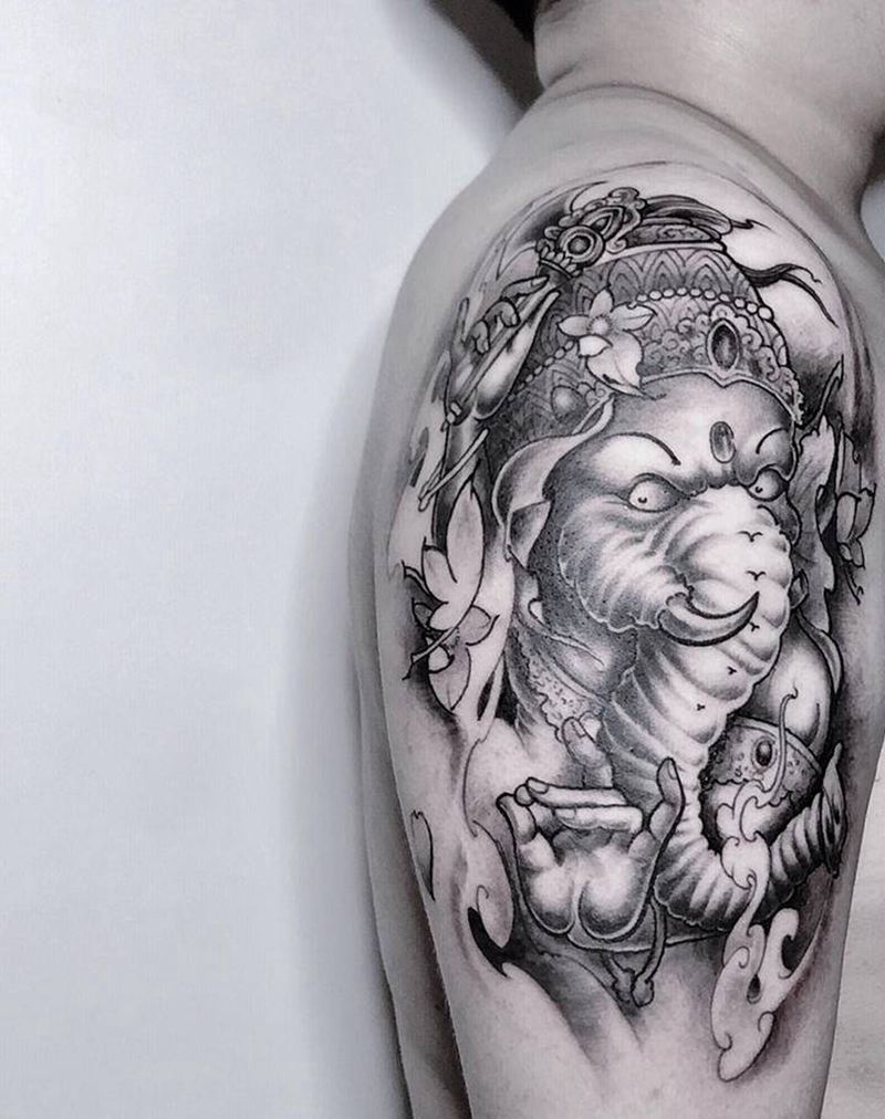 象神纹身图片_手臂新传统纹身图案
