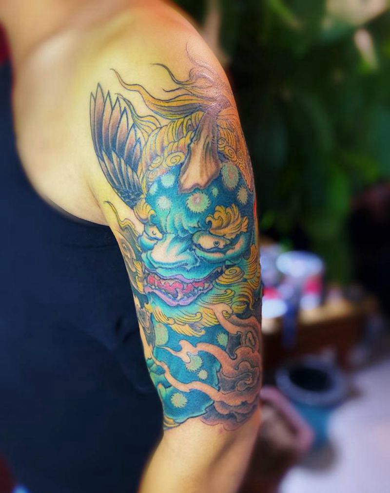 招财貔貅纹身图片_手臂肩部纹身图案