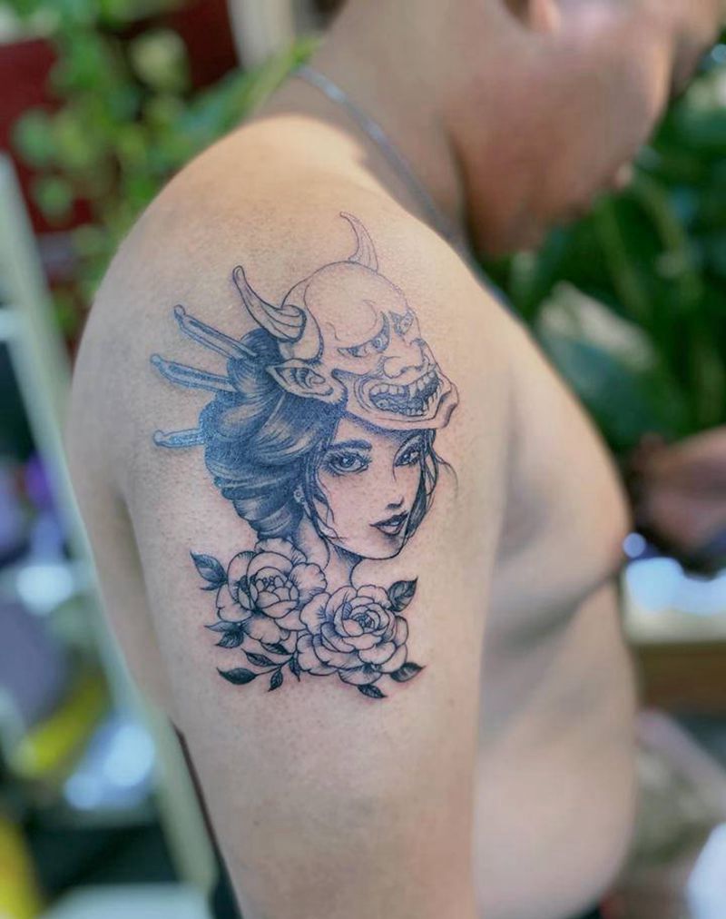 清新艺妓纹身图片_肩部点刺新传统纹身图案