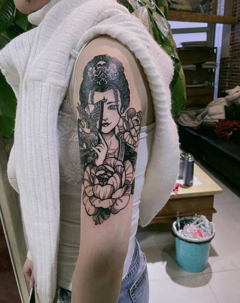 清新艺妓纹身图片_手臂点刺新传统纹身图案