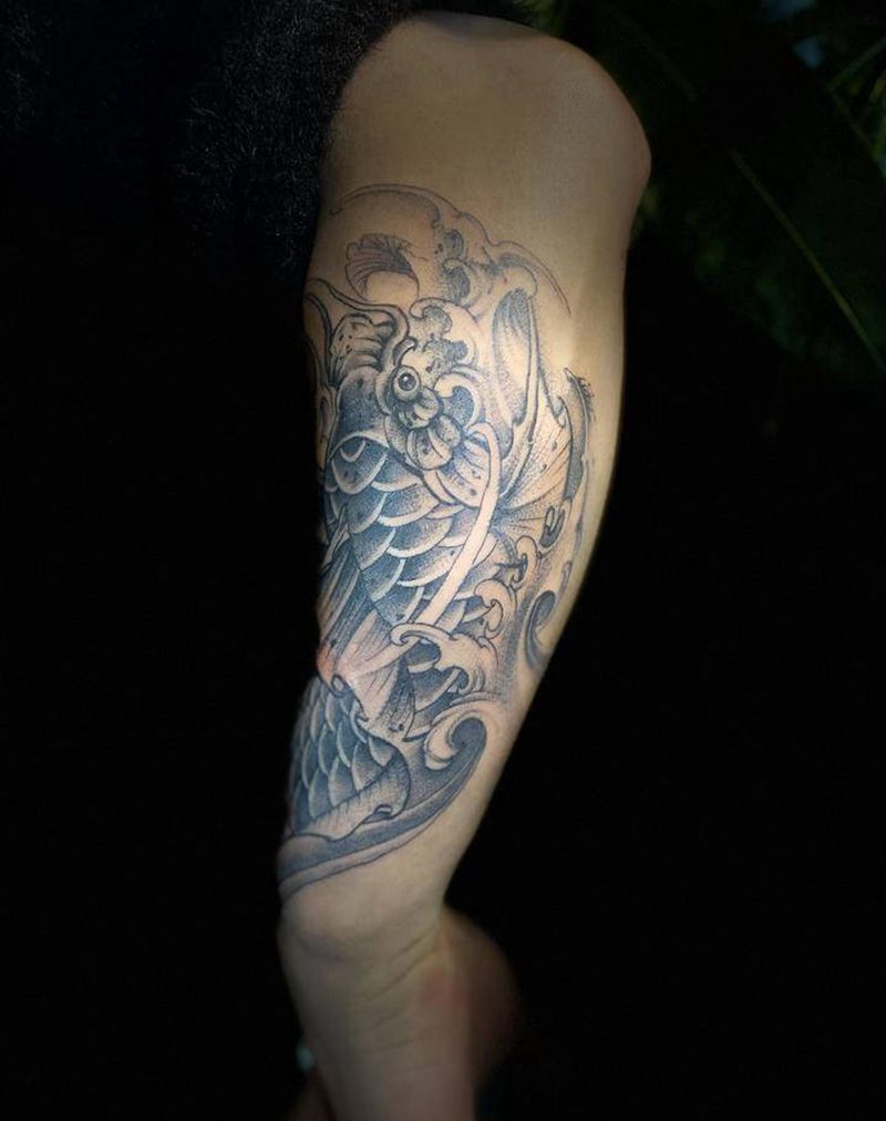 点刺鱼纹身图片_手臂新传统点刺纹身图案