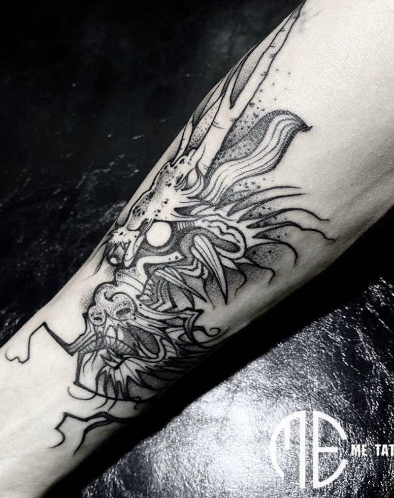 传统元素龙头暗黑风纹身图片_手臂Darkwork纹身图案