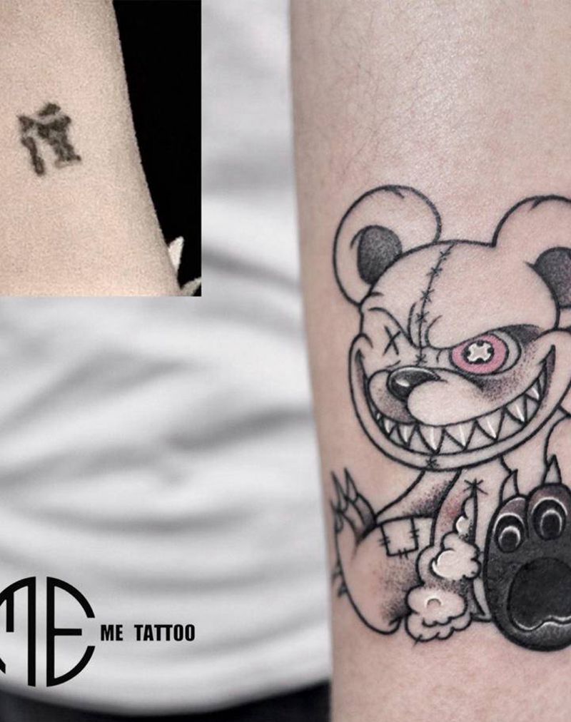小熊遮盖纹身图片_手臂纹身图案