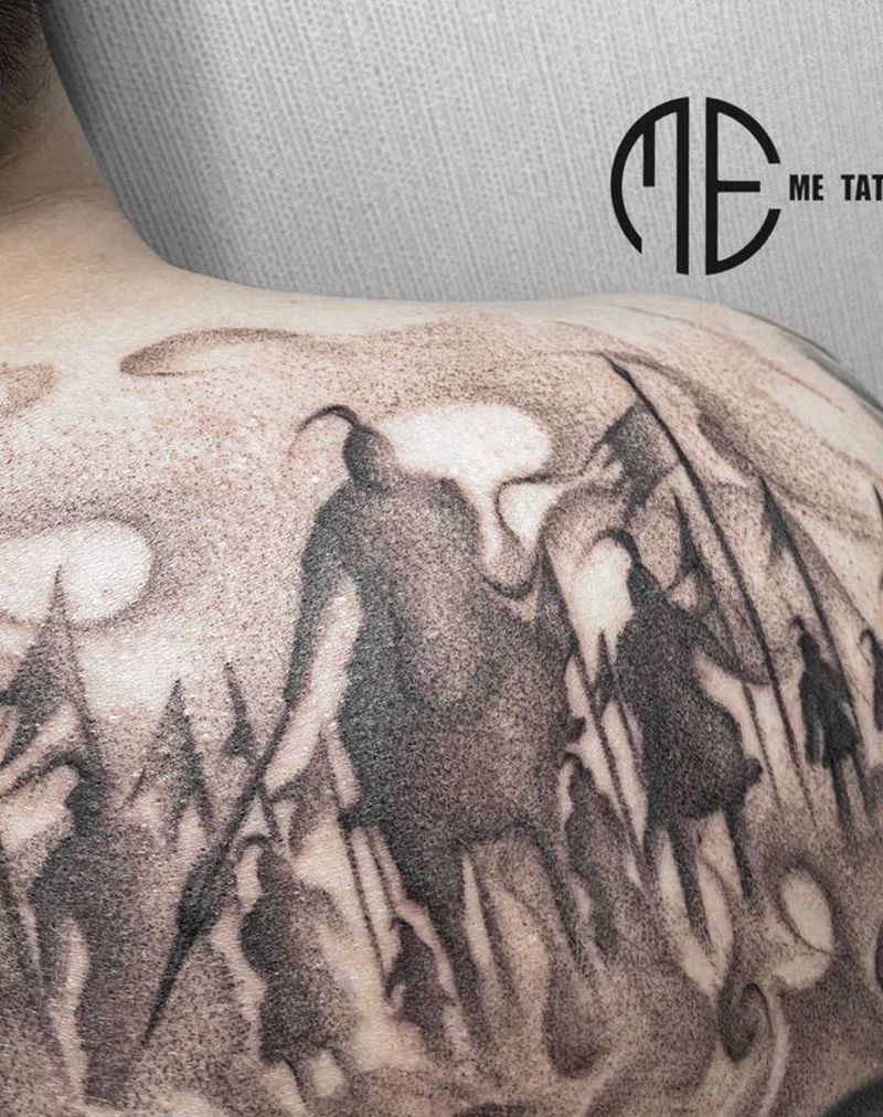 沙场点兵纹身图片_背部点刺纹身图案