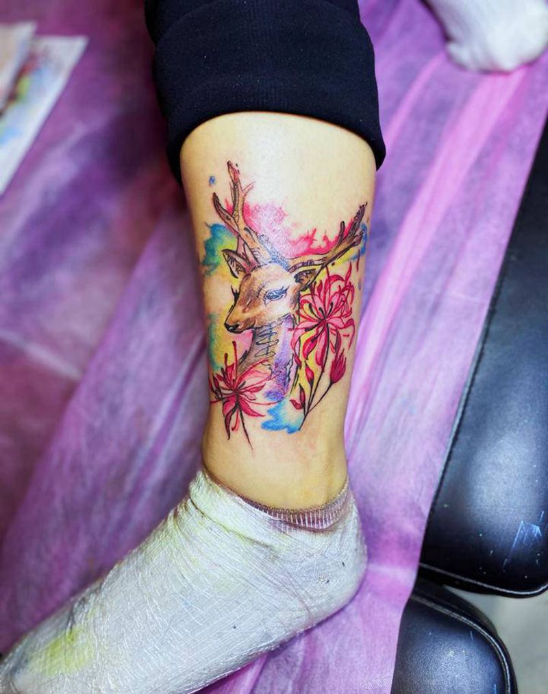 水彩路路发纹身图片_腿部新传统水彩纹身图案