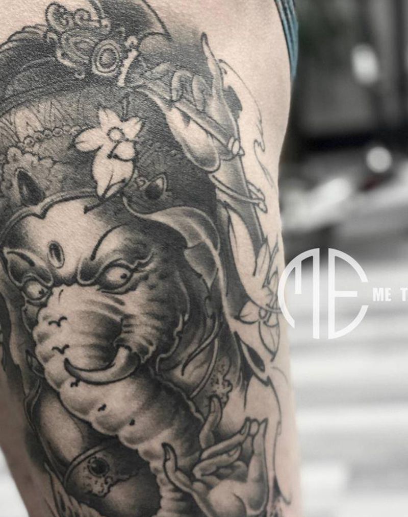 象神纹身图片_腿部新传统纹身图案