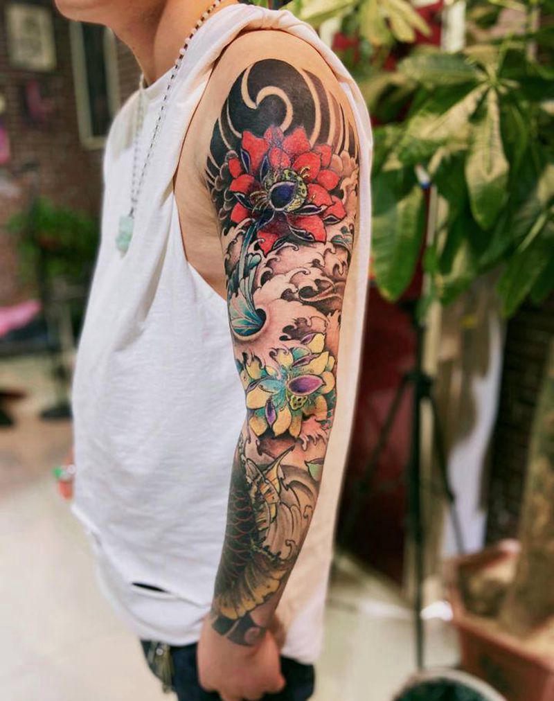 整个胳膊遮盖纹身图片_手臂新传统纹身图案