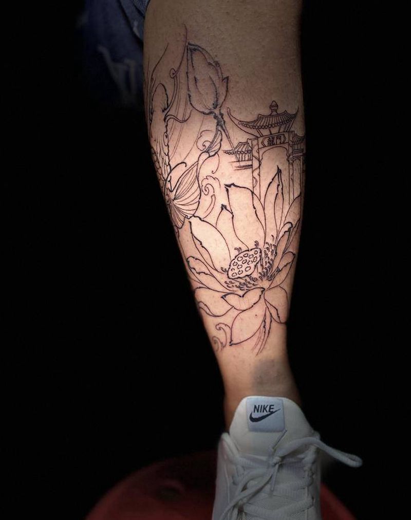 鱼线条纹身图片_腿部新传统纹身图案