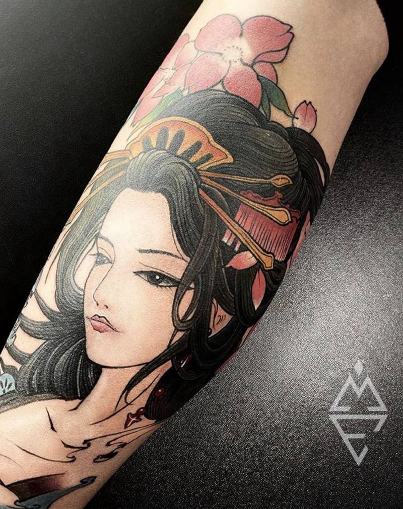 艺妓纹身图片_腿部新传统纹身图案