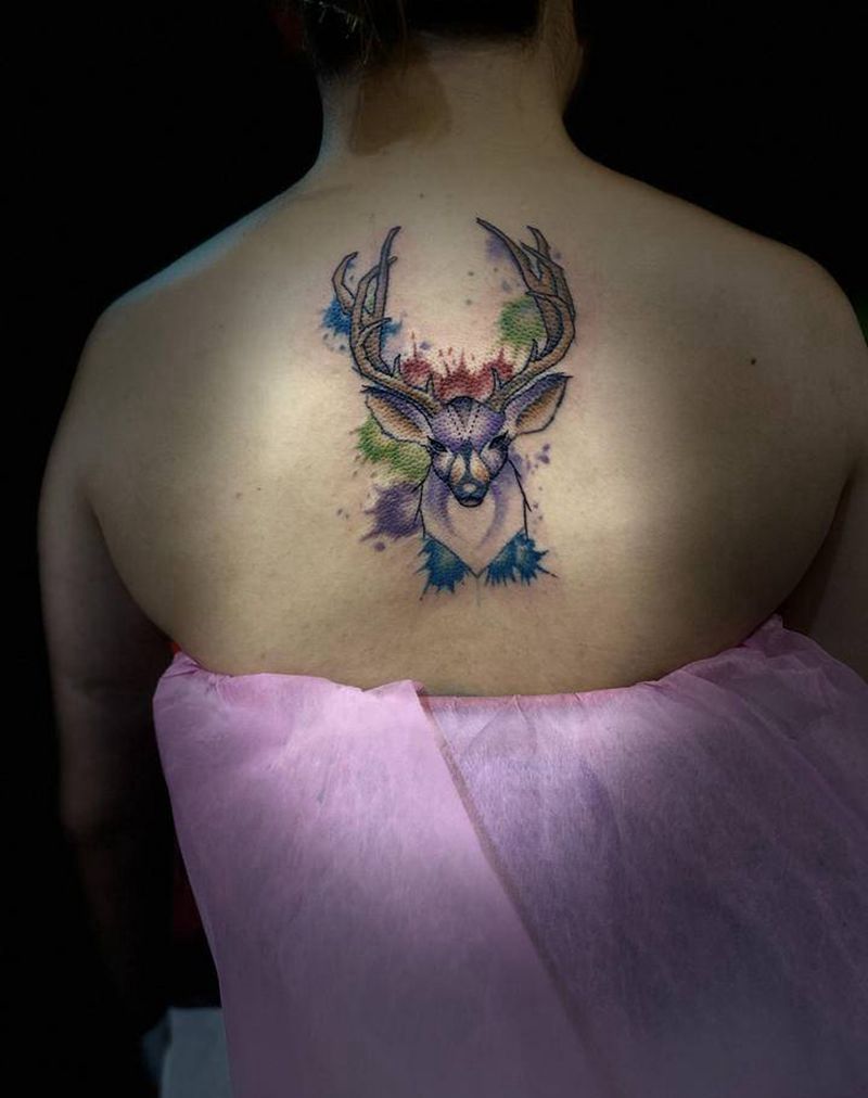 生财有鹿纹身图片_背部新传统水墨纹身图案