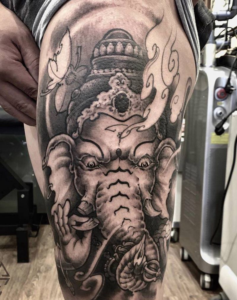 象神纹身图片_腿部新传统纹身图案