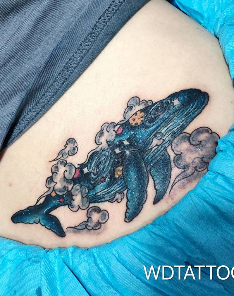 鲸鱼遮盖纹身图片_腰部水墨水彩纹身图案