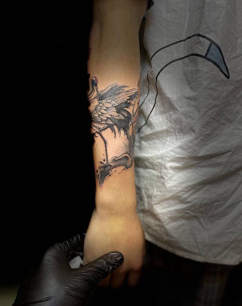 仙鹤纹身图片_手臂水彩纹身图案