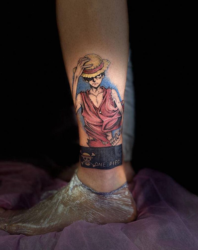 路飞太郎纹身图片_腿部新传统纹身图案