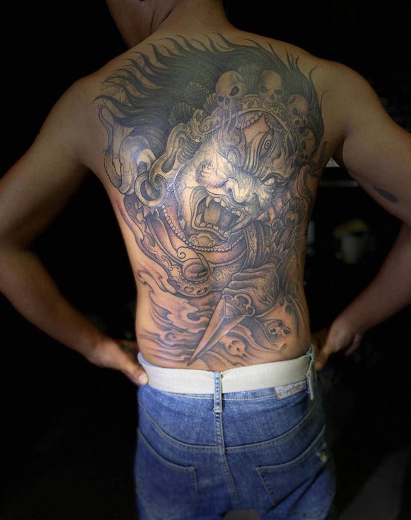 大黑天纹身图片_背部新传统纹身图案