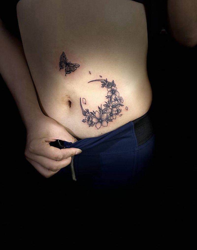 素花纹身图片_腹部点刺纹身图案