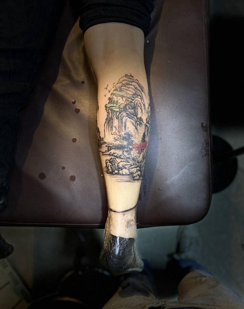 水墨山水纹身图片_腿部水墨纹身图案