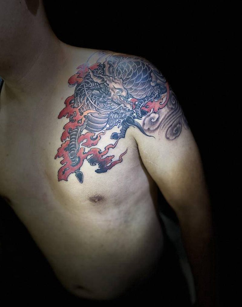 烈火麒麟纹身图片_手臂肩部新传统纹身图案