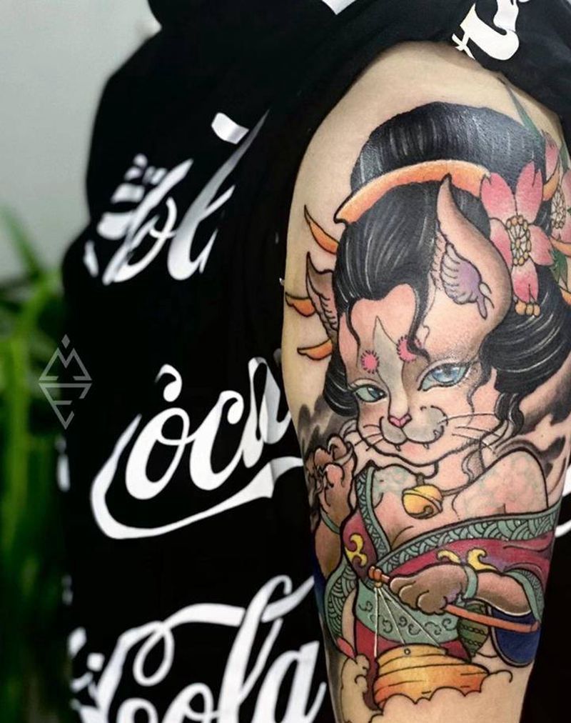 日式猫女纹身图片_手臂纹身图案