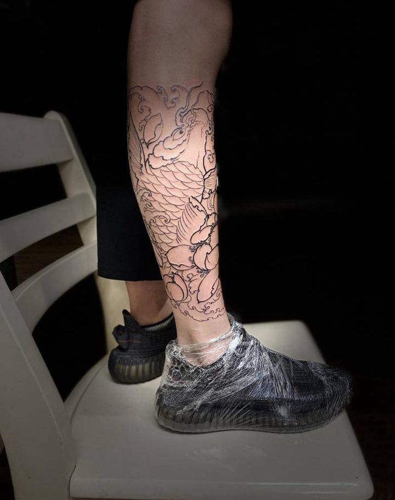 鱼线条纹身图片_腿部新传统纹身图案