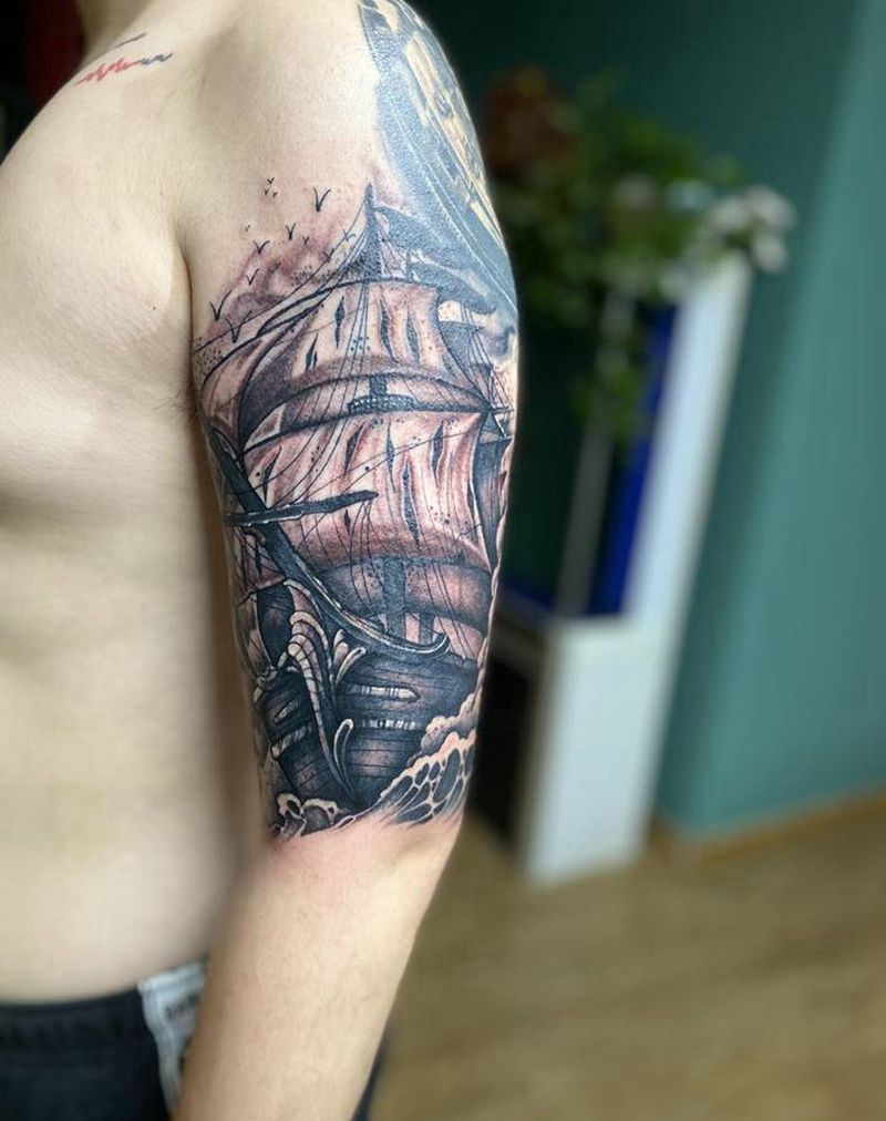 帆船纹身图片_手臂欧美写实纹身图案