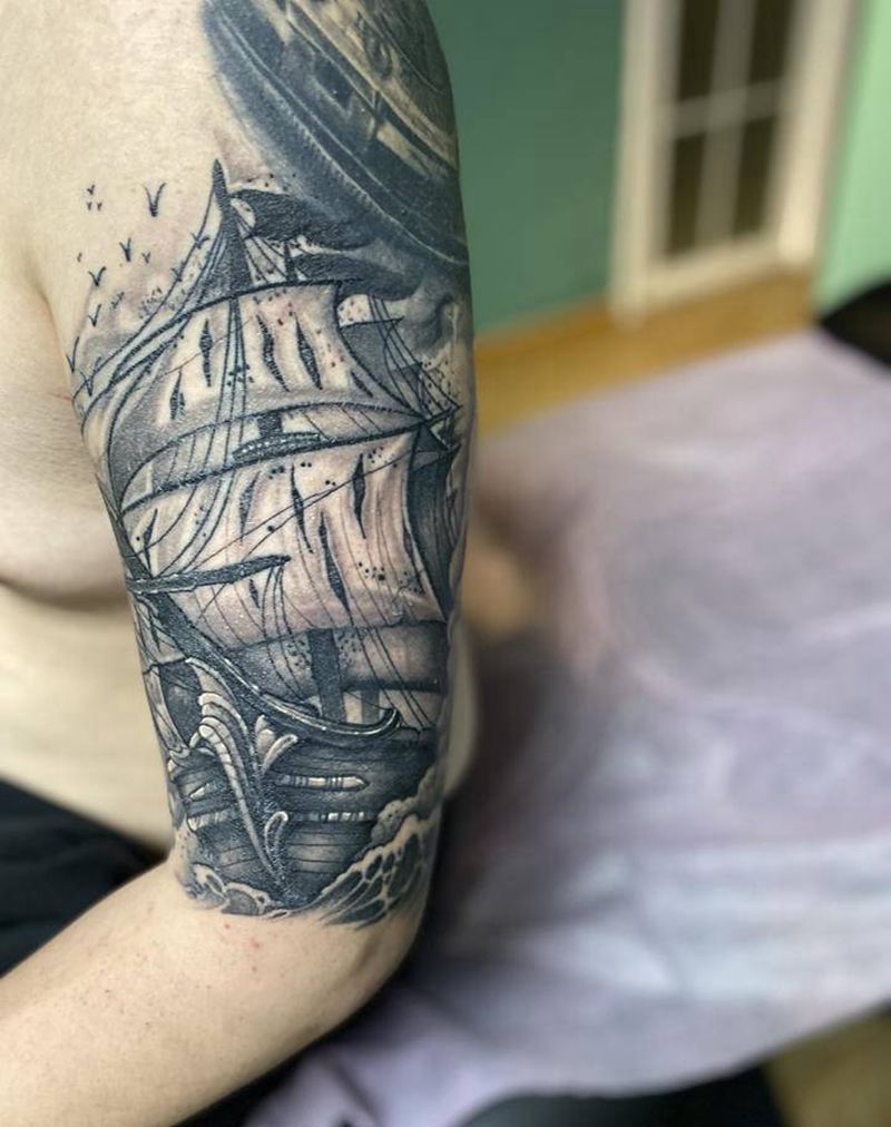 帆船纹身图片_手臂欧美写实纹身图案