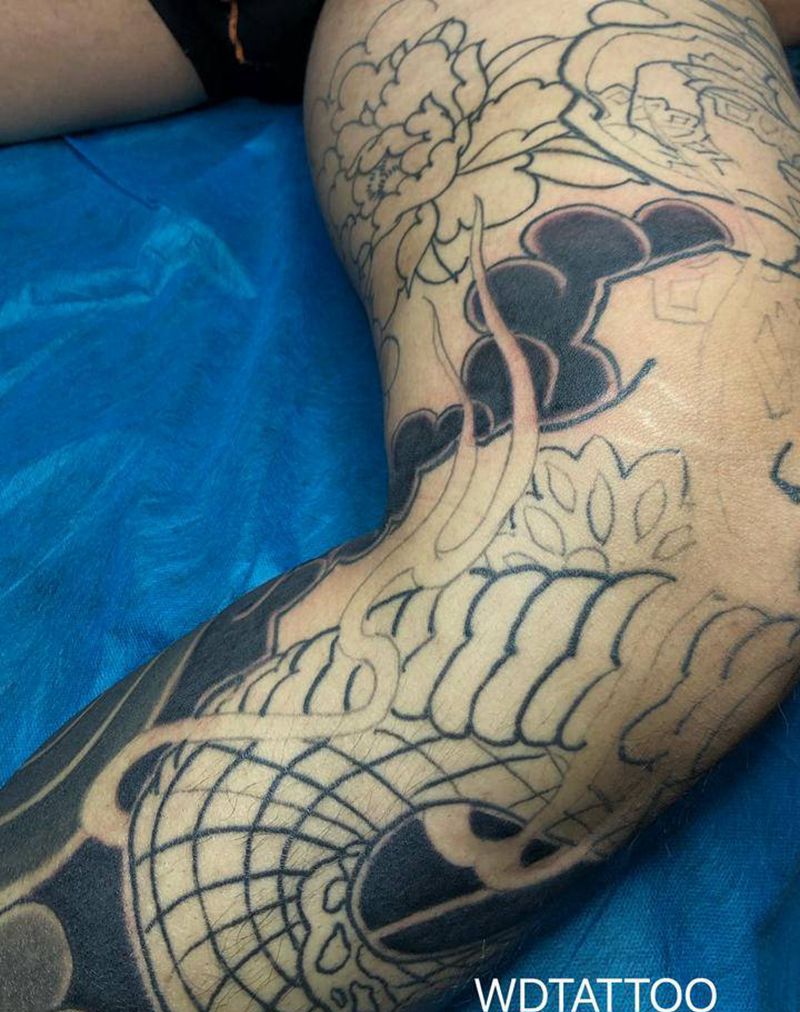 老传统花腿纹身图片_腿部老传统纹身图案