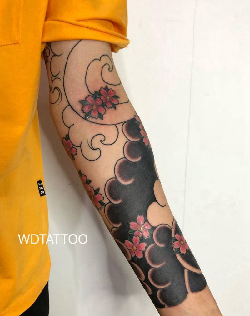 老传统樱花臂纹身图片_手臂老传统纹身图案