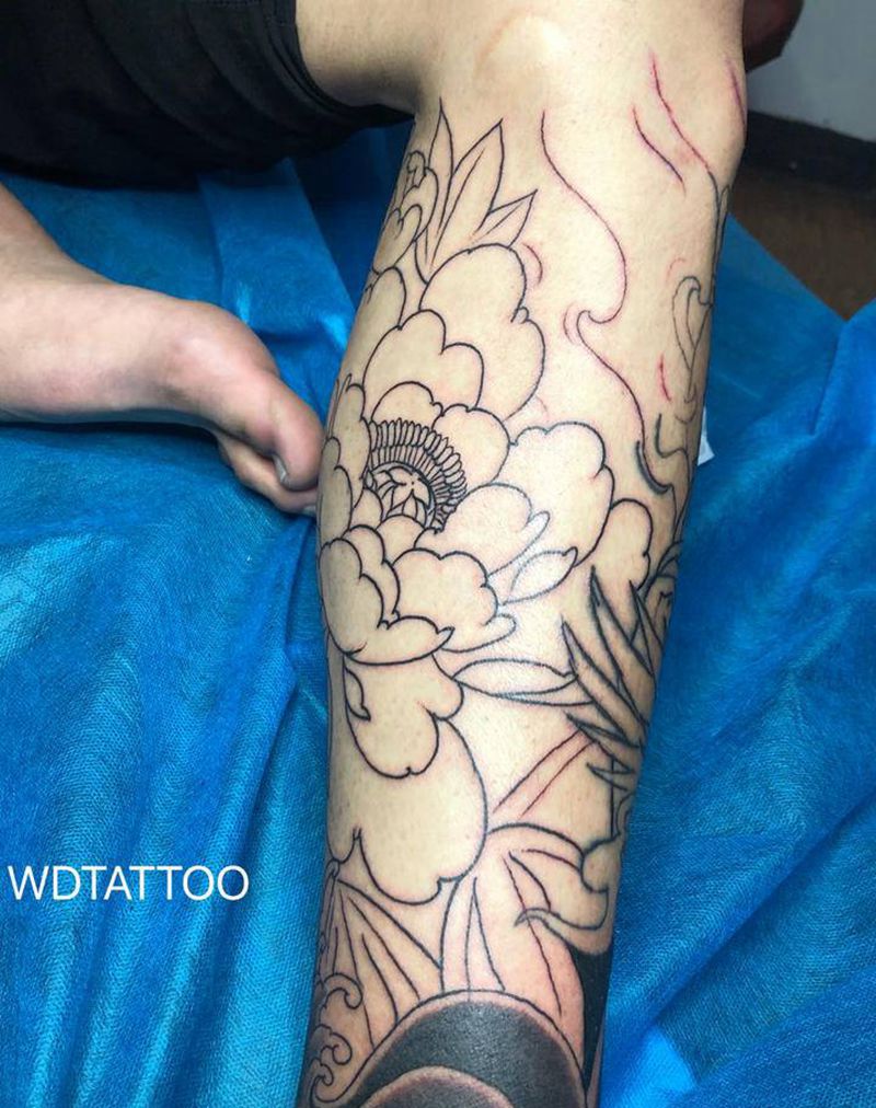 牡丹包小腿纹身图片_腿部新传统纹身图案