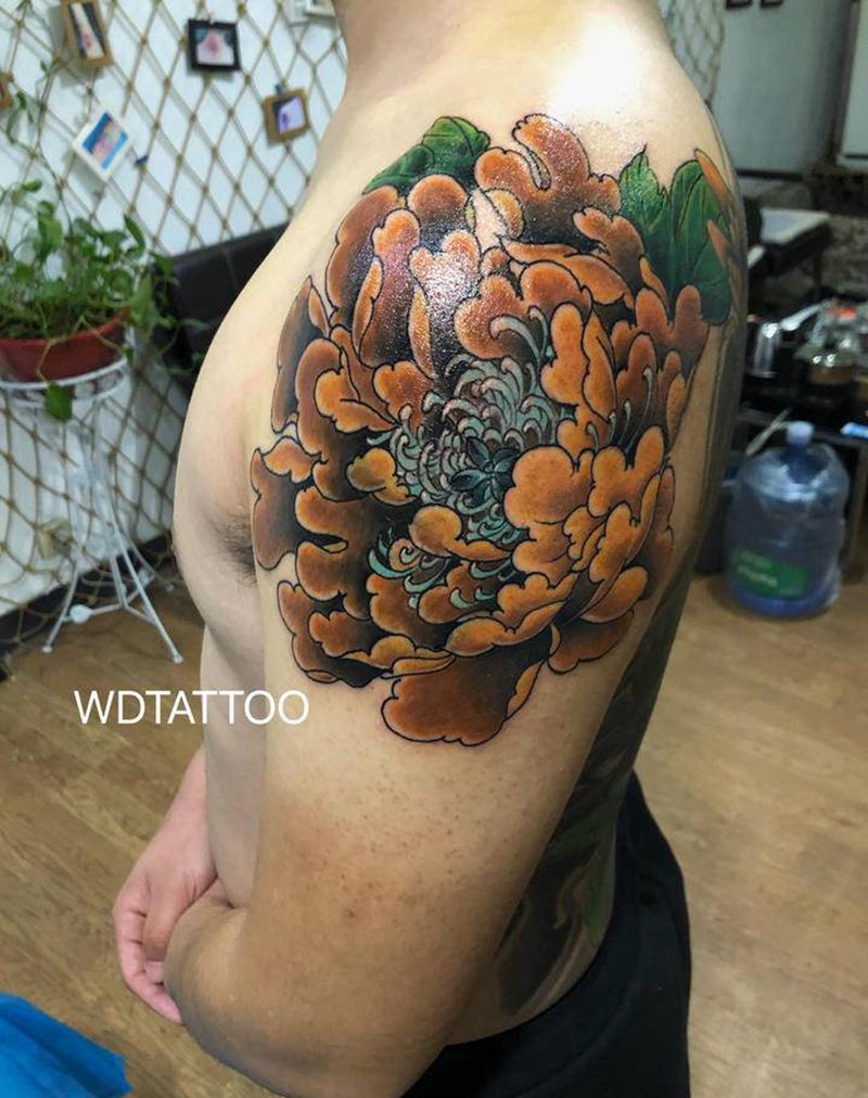 牡丹遮盖纹身纹身图片_肩部新传统纹身图案