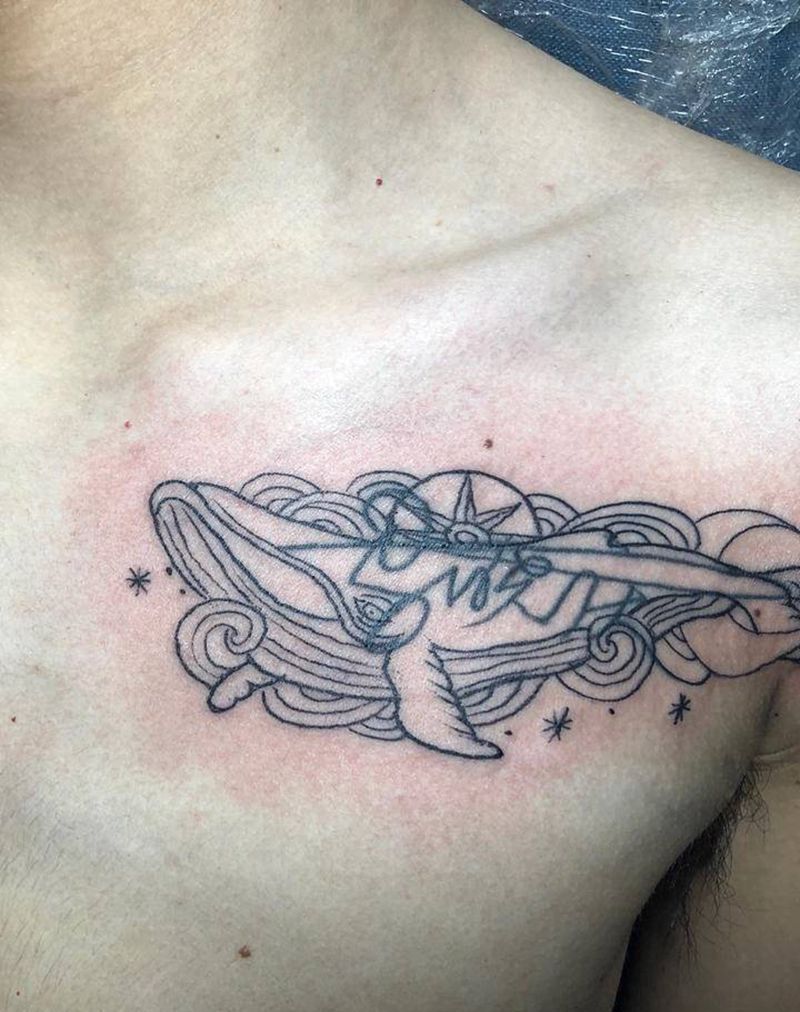 鲸鱼遮盖纹身图片_颈部水墨水彩纹身图案