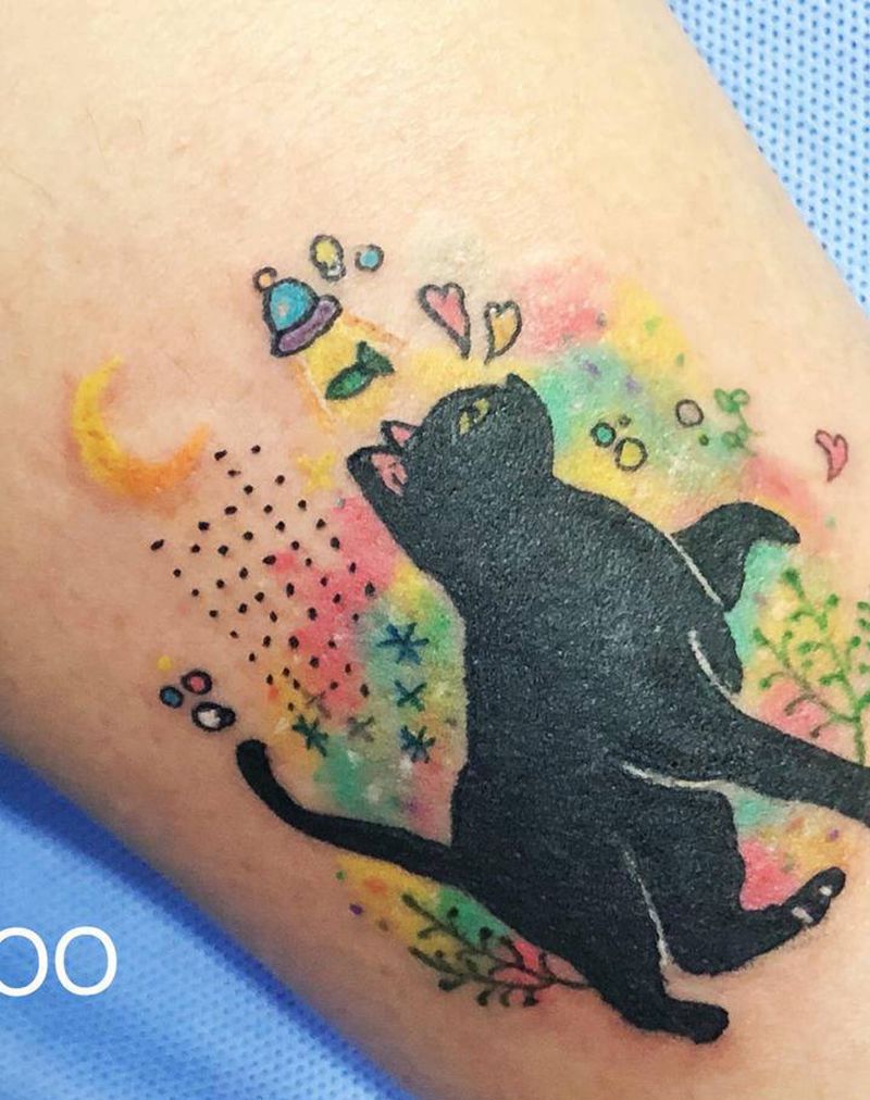 小清新猫咪遮盖纹身图片_腿部水彩水墨纹身图案